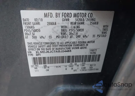 2010 Lincoln Mkx from USA, damaged, VIN 2LMDJ6JC7ABJ24485